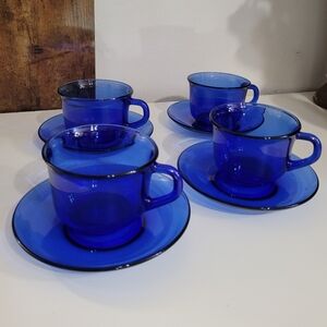 Vintage Arcoroc Cobalt Blue Glass Cup and Saucer Set - 4pc
